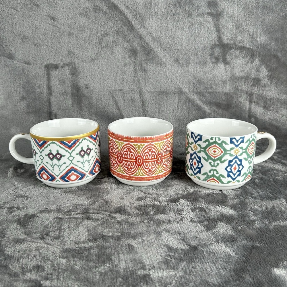 Pier 1 Imports Stoneware Stackable Mugs Set of 3 Geometric Multicolor Boho Vibes